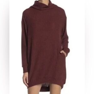 Lush Cowlneck Brushed Ribbed Knit Long Sleeve Sweater Dress In Wine S M & L